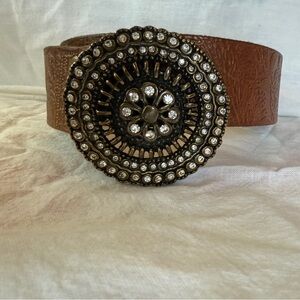Fossil Brown Leather Belt with Ornate Crystal Buckle